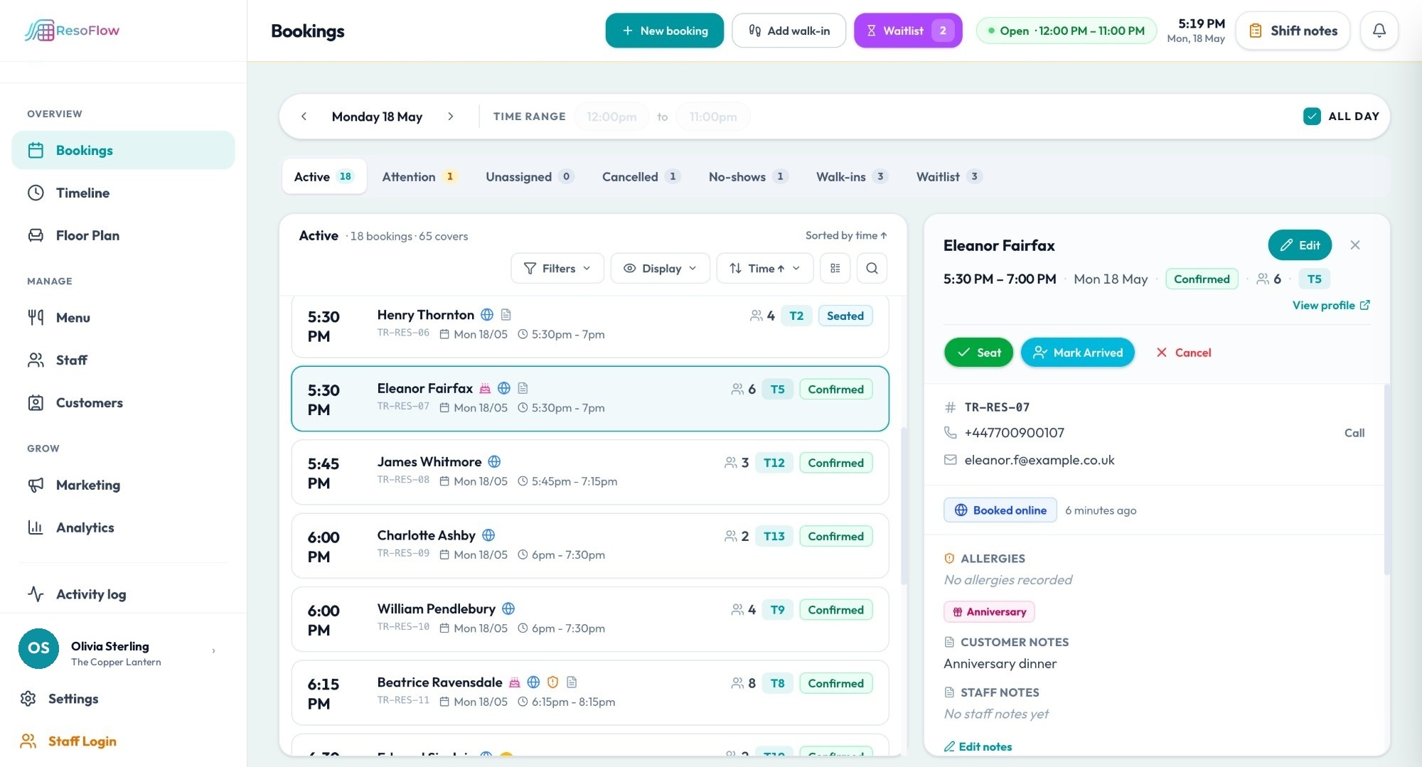 ResoFlow dashboard showing the bookings list with a busy Monday evening service